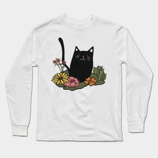 Cute Black Cat in Garden Long Sleeve T-Shirt